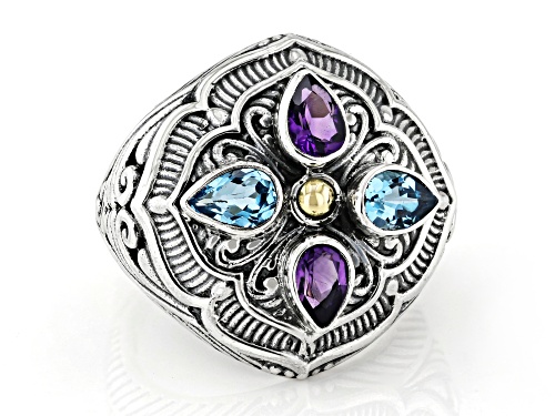 Pre-Owned Artisan Collection of Bali™ Amethyst & Swiss Blue Topaz Sterling Silver & 18K Gold Accent - Size 7