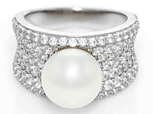 Pre-Owned 10-10.5mm White Cultured Freshwater Pearl and White Zircon Rhodium Over Sterling Silver Ri - Size 12