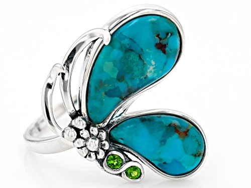 Pre-Owned Free-Form Turquoise With 0.03ctw Round Chrome Diopside Sterling Silver Butterfly Ring - Size 7