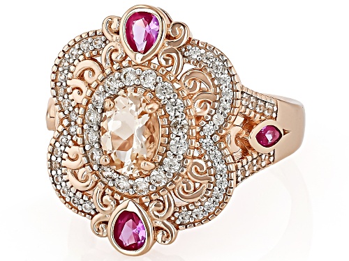 Pre-Owned 0.60ct Morganite, 0.30ctw Lab Sapphire, 0.56ctw White Zircon 18k Rose Gold Over Sterling S - Size 8