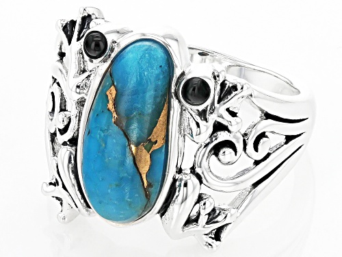 Pre-Owned 14x6mm Turquoise With 2mm Black Onyx Sterling Silver Frog Ring - Size 7