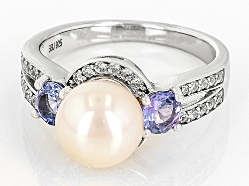 Pre-Owned 8mm White Cultured Freshwater Pearl With Tanzanite & White Zircon Rhodium Over Silver Ring - Size 12