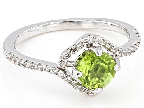 Pre-Owned 0.81ct Round Green Peridot with 0.32ctw White Zircon Rhodium Over Sterling Silver Ring - Size 10