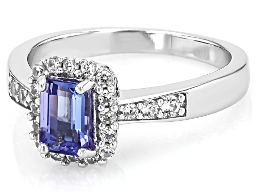 Pre-Owned .85ct Rectangular Octagonal Tanzanite With .47ctw White Zircon Rhodium Over Silver Ring - Size 6