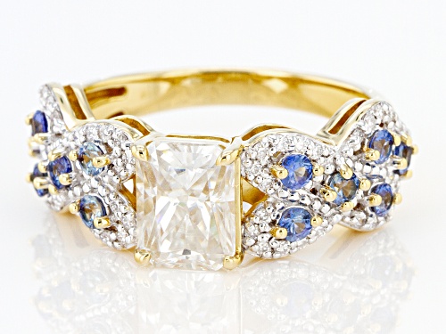 Pre-Owned MOISSANITE FIRE(R) 2.38CTW DEW AND BLUE SAPPHIRE 14K YELLOW GOLD OVER SILVER RING - Size 11
