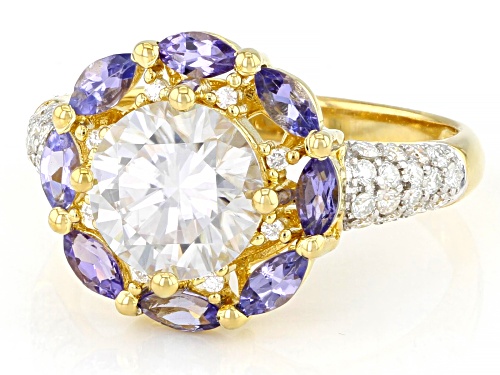 Pre-Owned MOISSANITE FIRE(R) 2.30CTW DEW ROUND & MARQUISE TANZANITE 14K YELLOW GOLD OVER SILVER RING - Size 7