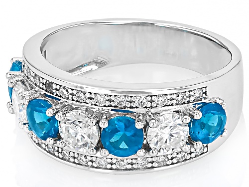 Pre-Owned MOISSANITE FIRE® .95CTW DEW ROUND WITH  ROUND NEON APATITE PLATINEVE® RING - Size 5