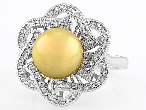 Pre-Owned 8-9mm Golden Cultured South Sea Pearl and White Topaz Rhodium Over Sterling Silver Ring - Size 9