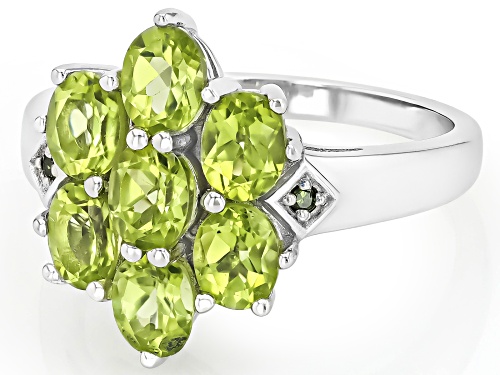 Pre-Owned 1.67ct Oval Manchurian Peridot™ With 0.01ctw Green Diamond Accent Rhodium Over Silver Ring - Size 8