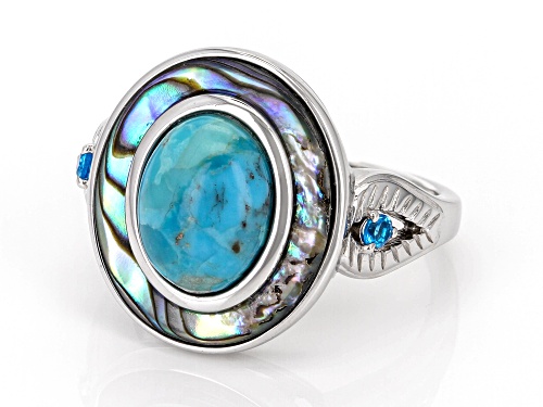 Pre-Owned 10x8mm Composite Turquoise with Abalone Shell and .03ctw Neon Apatite Rhodium Over Silver - Size 7