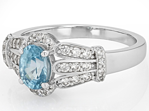 Pre-Owned 1.12ct Oval Blue Zircon With .45ctw Round White Zircon Rhodium Over Sterling Silver Ring - Size 9