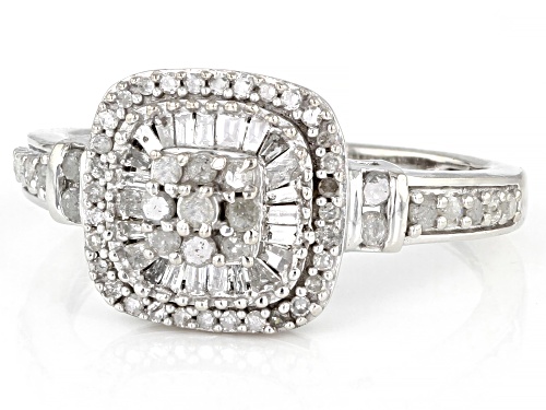 Pre-Owned 0.55ctw Round And Baguette White Diamond Rhodium Over Sterling Silver Halo Ring - Size 5