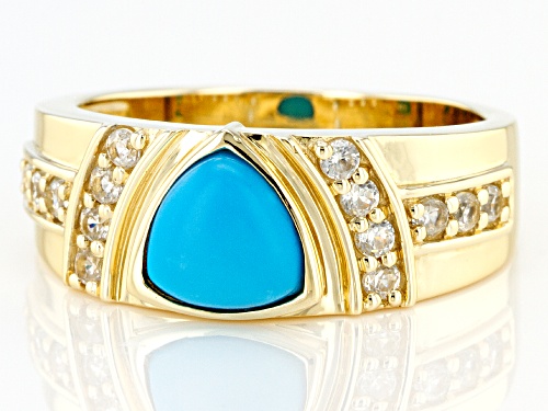 Pre-Owned 8mm Trillion Sleeping Beauty Turquoise With 0.76ctw Round White Zircon 10k Yellow Gold Men - Size 11