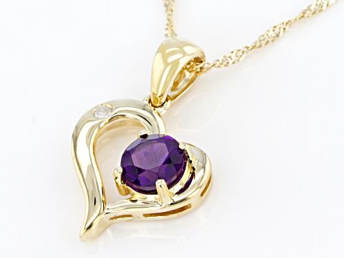 Pre-Owned .38ct Round Amethyst With .01ct Round White Diamond 10k Yellow Gold Heart Pendant With Cha