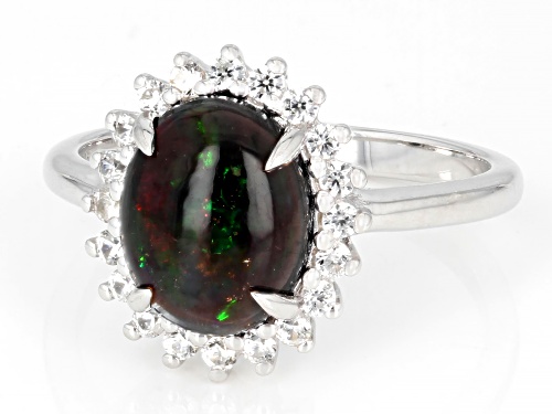 Pre-Owned 10x8mm Black Ethiopian Opal with 0.28ctw White Zircon Rhodium Over Sterling Silver Ring - Size 7