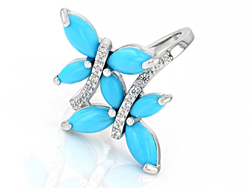 Pre-Owned 8x4mm And 6x3mm Cabochon Sleeping Beauty Turquoise Rhodium Over Sterling Silver Ring - Size 6