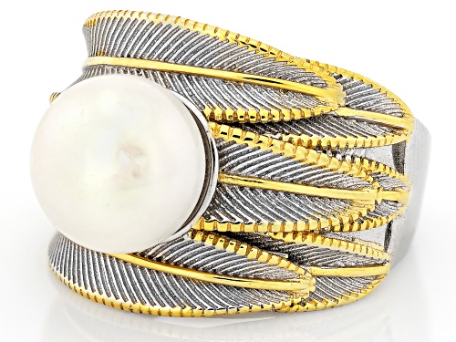 Pre-Owned 10mm White Cultured Freshwater Pearl 18k Yellow Gold & Rhodium Over Sterling Silver Two-To - Size 12