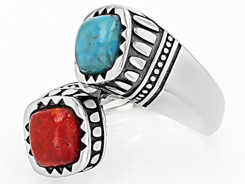 Pre-Owned Southwest Style By JTV™ 8mm Turquoise & 8mm Coral Sterling Silver Bypass Ring - Size 7