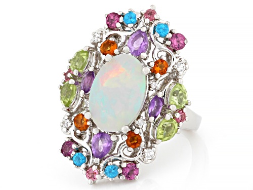 Pre-Owned 3.83ctw Ethiopian Opal and Multi-Stone Platinum Over Sterling Silver Ring - Size 7