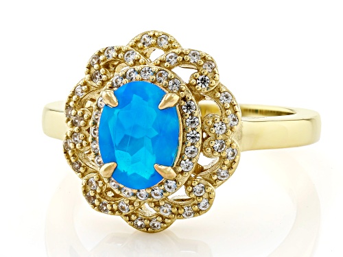 Pre-Owned 0.65ct Paraiba Blue Opal With 0.30ctw Round White Zircon 18k Yellow Gold Over Sterling Sil - Size 10