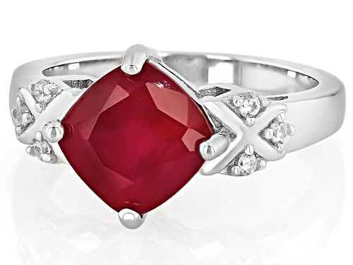 Pre-Owned 3.40ct Cushion Mahaleo® Ruby With .10ctw White Zircon Rhodium Over Sterling Silver Ring - Size 6