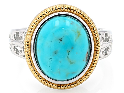 Pre-Owned 12x10mm Turquoise Rhodium and 18K Yellow Gold Over Sterling Silver Solitaire Ring - Size 6
