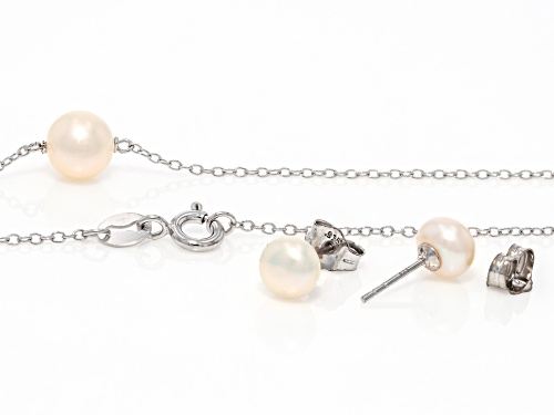 Pre-Owned 6mm White Cultured Freshwater Pearl Rhodium Over Sterling Silver Necklace And Earring Se