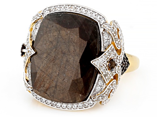 Pre-Owned 18.00ct Golden Sheen Sapphire With 1.00ctw Smoky Quartz & Zircon 18k Yellow Gold Over Silv - Size 6