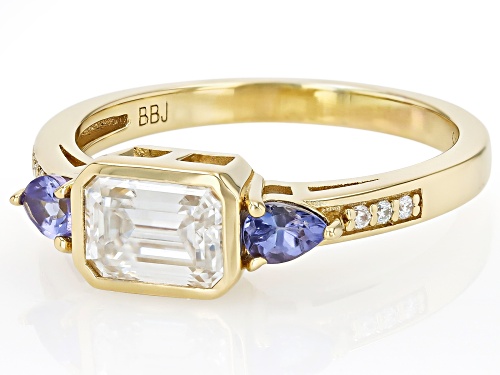 Pre-Owned MOISSANITE FIRE® 1.07CTW DEW AND TANZANITE 14K YELLOW GOLD OVER SILVER RING - Size 10