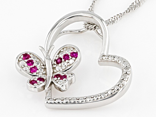 Pre-Owned 0.13ctw Lab Created Ruby Rhodium Over Silver Children's Heart & Butterfly Pendant With Cha