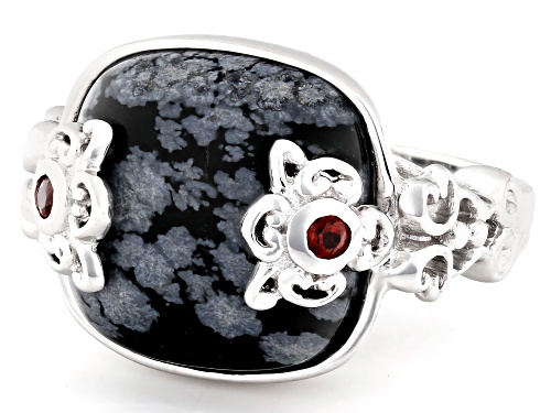 Pre-Owned 14mm Square Cushion Snowflake Obsidian With .10ctw Vermelho Garnet™ Rhodium Over Silver Ri - Size 7