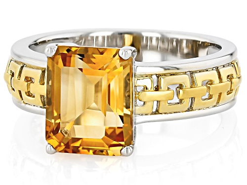 Pre-Owned 2.72ct Rectangular Octagonal Citrine Rhodium And 18k Yellow Gold Over Silver Two-Tone Ring - Size 6