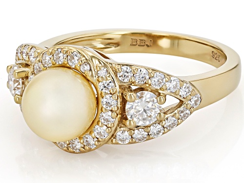 Pre-Owned 7mm White Cultured Japanese Akoya Pearl With Moissanite 18k Yellow Gold Over Sterling Silv - Size 9