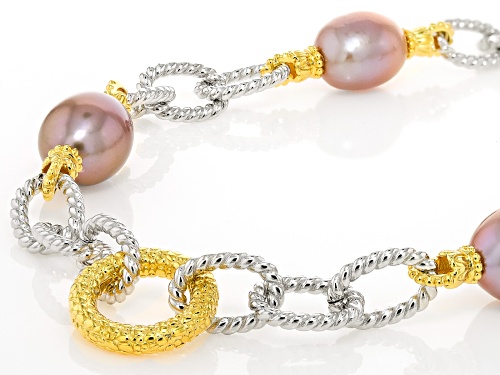 Pre-Owned 11-12mm Purple Cultured Kasumiga Pearl Rhodium And 18k Yellow Gold over Sterling Silver Ne - Size 20