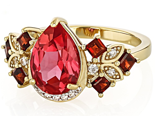 Pre-Owned 3.13ct Lab Padparadscha Sapphire 0.51ctw Garnet, .11ctw White Zircon 18k Gold Over Silver - Size 9