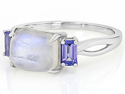 Pre-Owned 10x8mm Rainbow Moonstone with 0.53ctw Tanzanite Rhodium Over Sterling Silver Ring - Size 7