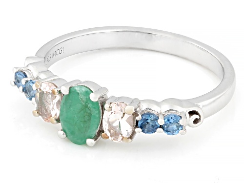 Pre-Owned 0.69ctw Zambian Emerald, Morganite, and Santa Maria Color Aquamarine Rhodium Over Silver R - Size 10