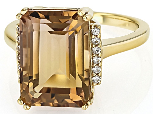 Pre-Owned 6.75ct Champagne Quartz With 0.11ctw White Zircon 18k Yellow Gold Over Sterling Silver Rin - Size 10