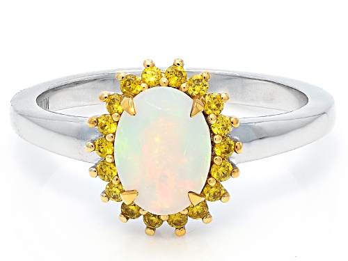 Pre-Owned 0.86ctw Ethiopian Opal with Prazana® Lab Grown Diamond Rhodium & 18K Yellow Gold Over Silv - Size 7