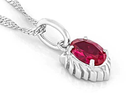 Pre-Owned 0.81ct Oval Lab Created Ruby Rhodium Over Sterling Silver Leo Birthstone Pendant With Chai