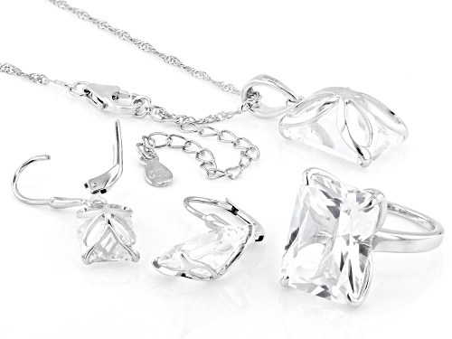 Pre-Owned 33.94ctw Radiant Cut Lab Sapphire Platinum Over Silver Pendant with Chain, Ring, and Earri