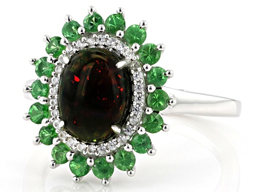 Pre-Owned 9x7mm Opal with 0.92ctw Tsavorite and White Zircon Rhodium Over Sterling Silver Ring - Size 10