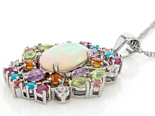 Pre-Owned 3.82ctw Ethiopian Opal With Multi-Gemstone Platinum Over Sterling Silver Pendant With Chai