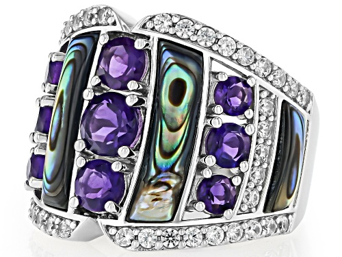 Pre-Owned 1.46ctw Amethyst, Freeform Abalone Shell With .86ctw White Zircon Rhodium Over Silver Ring - Size 7