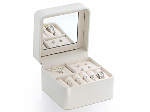 Pre-Owned Bella Luce® 8.29ctw White Diamond Simulant Rhodium Over Brass Ring, Stud, and Necklace Box