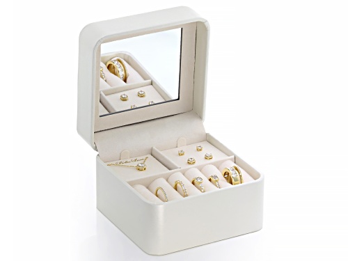 Pre-Owned Bella Luce® 8.29ctw Diamond Simulant 18k Yellow Gold Over Brass Ring, Stud, and Necklace B
