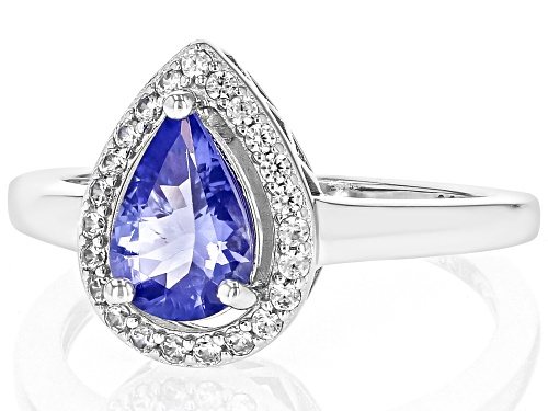 Pre-Owned 1.11ct Pear Shaped Tanzanite With 0.04ctw White Zircon Rhodium Over Sterling Silver Ring - Size 8