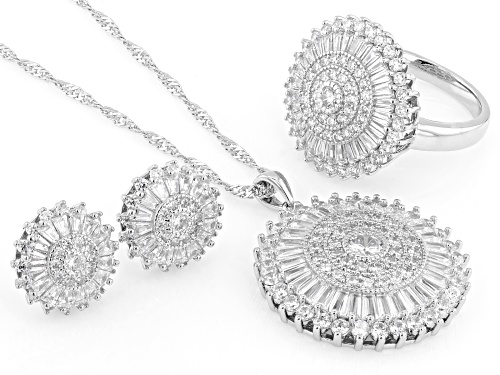 Pre-Owned Bella Luce® 13.74ctw White Diamond Simulant Rhodium Over Brass Pendant, Earrings, and Ring