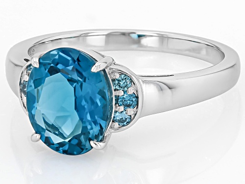 Pre-Owned 2.96ct London Blue Topaz with 0.10ctw Prazana® Lab-Grown Diamonds Rhodium Over Silver Ring - Size 7