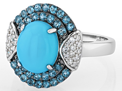 Pre-Owned Sleeping Beauty Turquoise with 0.66ctw Topaz & Prazana® Lab-Grown Diamonds Rhodium Over Si - Size 6